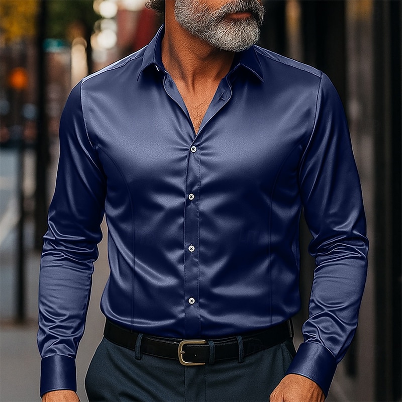 Men's Shirt Silk Like Satin Shirt Dress Shirt Casual Shirt Button Up Shirt Plain Formal Business Black White Yellow Pink Long Sleeve Lapel Spring &  Fall All Seasons Clothing Apparel3