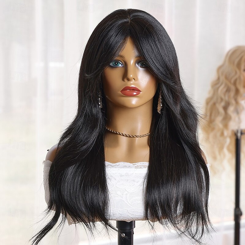 Synthetic Wig Wavy Loose Curl Middle Part Machine Made Wig 22 inch Black Synthetic Hair 22 inch Women's Soft Comfortable Black2