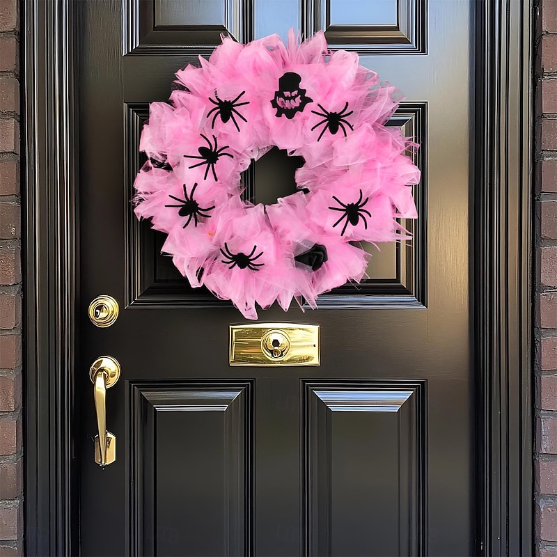 Halloween Pink Wreath for Front Door, Mesh Spider Web Garland, Festive Party Decor, Spooky Holiday Door Hanging, Seasonal Halloween Decoration