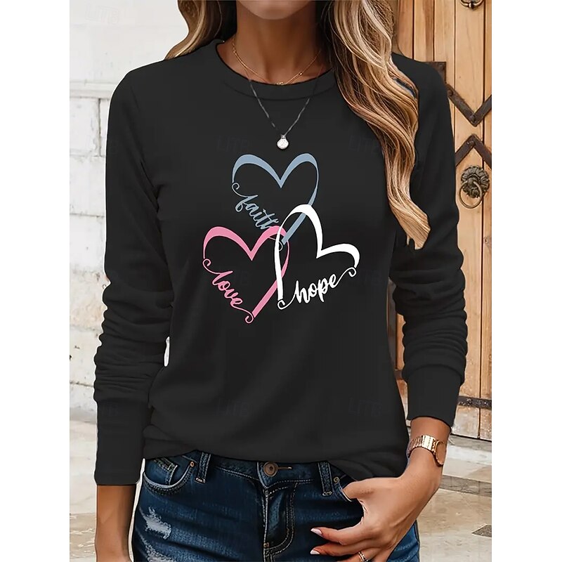 Women's T shirt Long Sleeve Crew Neck Long Sleeve Tunic Heart Graphic Vintage Stylish Round Neck Regular Tops Daily Weekend Print Black Pink Blue Khaki Fall Prefall3