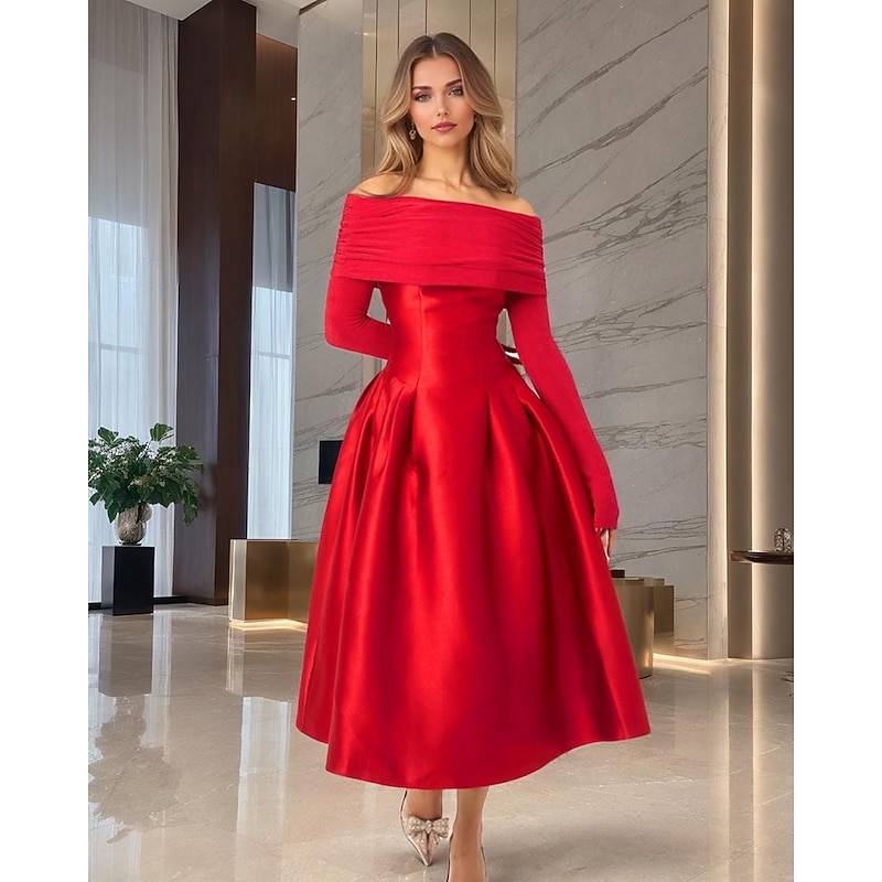A-Line Cocktail Dresses Elegant Dress Formal Wedding Tea Length Midi Length Long Sleeve Off Shoulder Jersey with Satin Pleats 2025