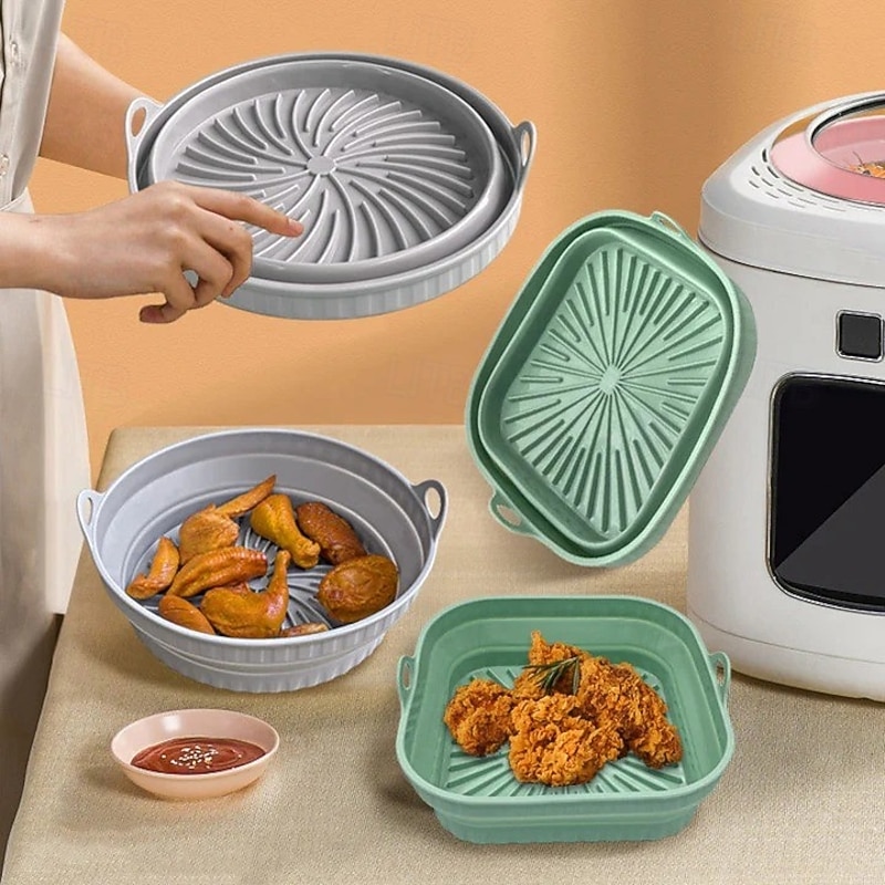 Collapsible Silicone Grill Pan Round Air Fryer Baking Tray Foldable Heat Resistant Non Stick Mat Reusable Silicone Liner Oil Proof Kitchen Cooking Accessories2