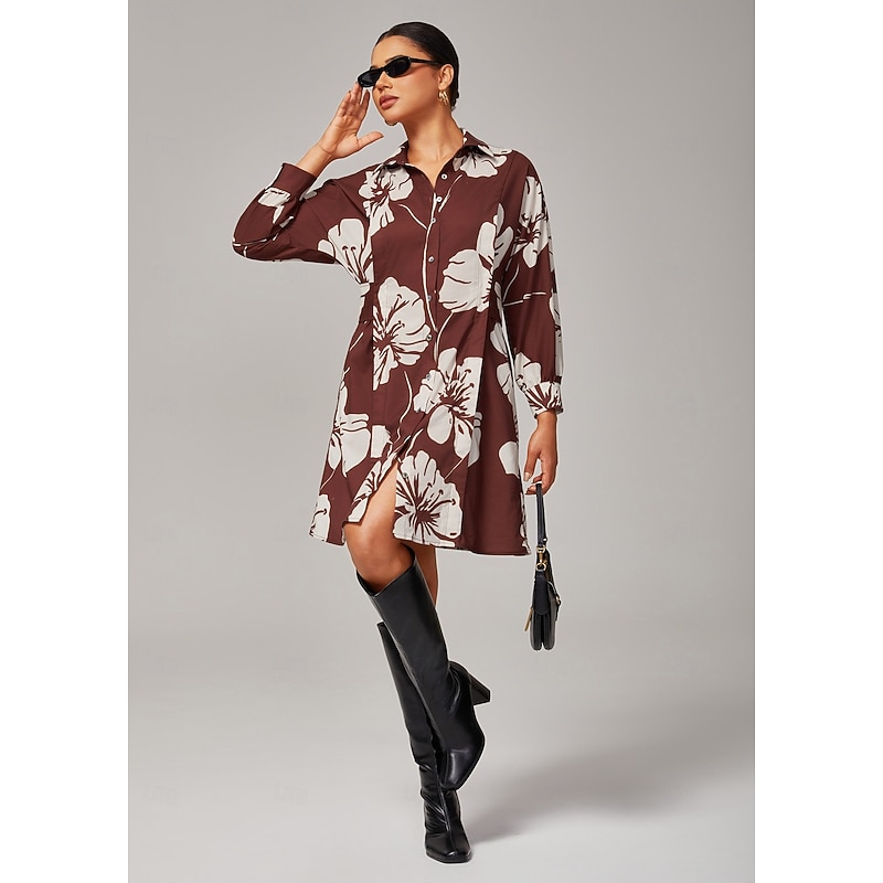 Women's Midi Dress Brown Floral Print Rayon Shirt Raglan Sleeve Adjustable Elastic Waistband Comfortable Fit Casual Daily Spring Summer Fall