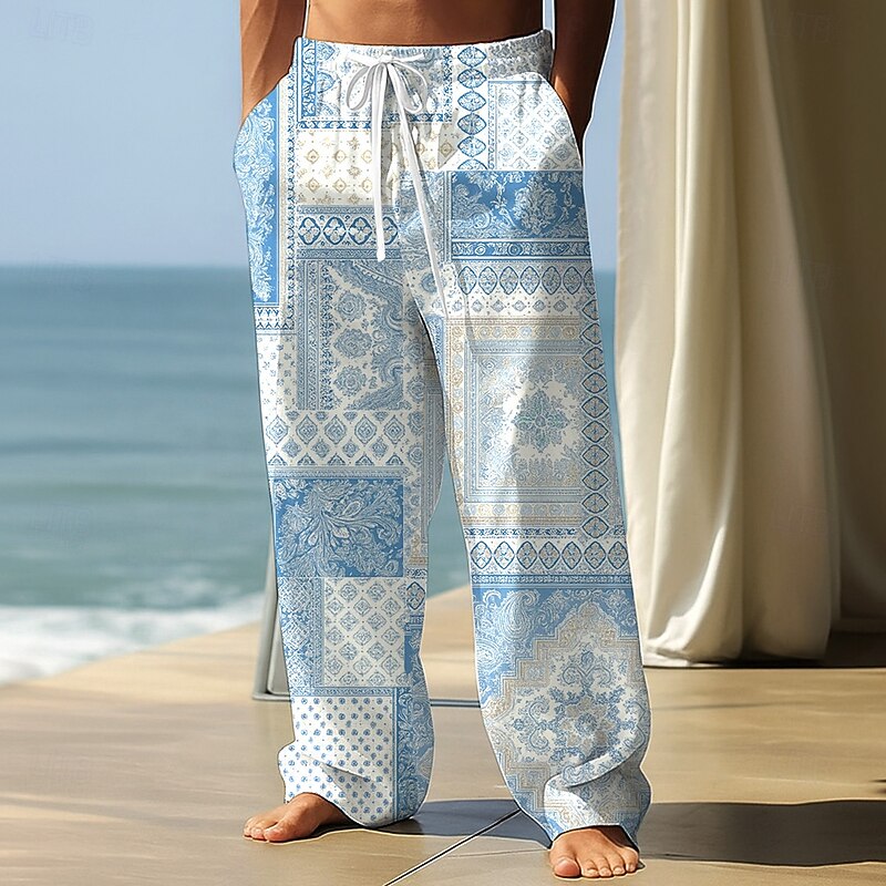Men's Ethnic Toile de Jouy Trousers Baggy Pants Casual Pants Mid Waist Vintage Retro Outdoor Vacation Home Elastic Drawstring Waist Linen-Like Pants with Pockets Spring Fall 3D Print Blue Purple Green