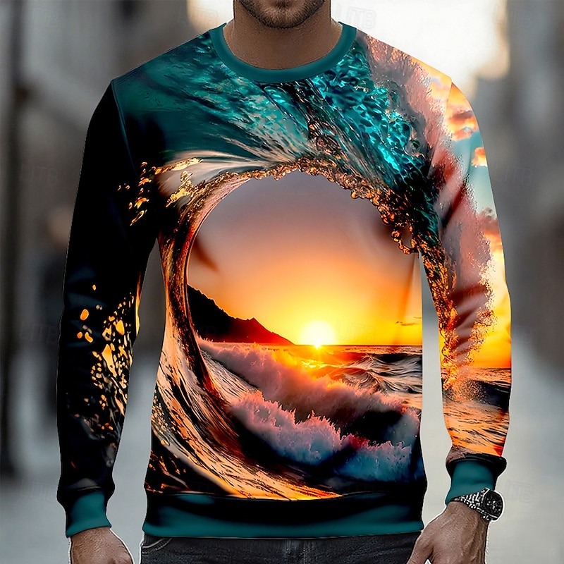 Men's Optical Illusion 3D Sweatshirt Casual Long Sleeve Crew Neck Vacation Party Gift Blue Dark Blue Crewneck 3D All Seasons Designer2