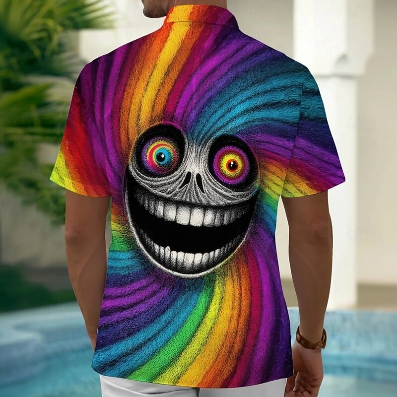 Halloween Men's Skull Spiral Stripe Halloween Costumes Shirt Button Up Shirt Short Sleeve Dark Punk Gothic Style Holiday Summer Spring Turndown 3D Print Collared Shirts Rainbow2