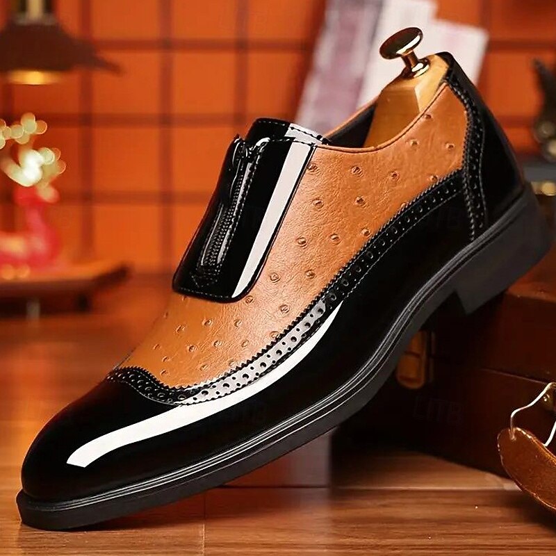 Men's Tan and Black Colorblock Formal Shoes with Patent Finish – Fashion-Forward Dress Shoes for Parties and Special Occasions
