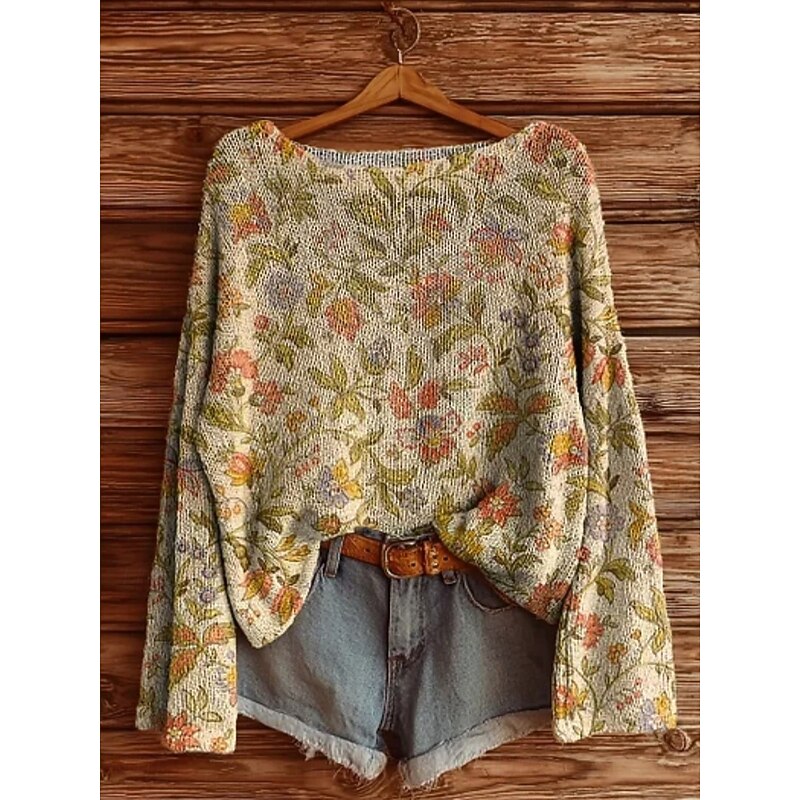 Women's Sweater Casual Floral Stylish Modern Long Sleeve Crew Neck Soft Regular Tops Daily Holiday Print Black Yellow Blue Brown Green Spring Fall Winter