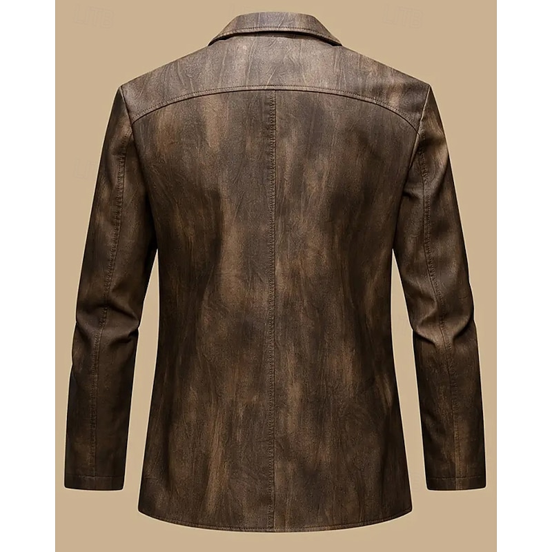 Men's Faux Leather Jacket Faux Leather Blazer Biker Jacket Vacation Daily Windproof Warm Pocket Spring Fall Plain Fashion Classic Lapel Regular Faux Leather Black Coffee Jacket2