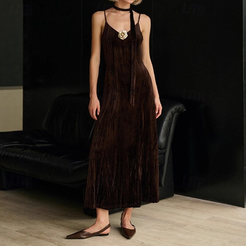 Women's Midi Dress Velvet Dress Vintage Dress Cocktail Dress Slip Dress Vintage Fashion Outdoor Birthday Evening Party Regular Fit Plain Sleeveless Straps Brown Summer2