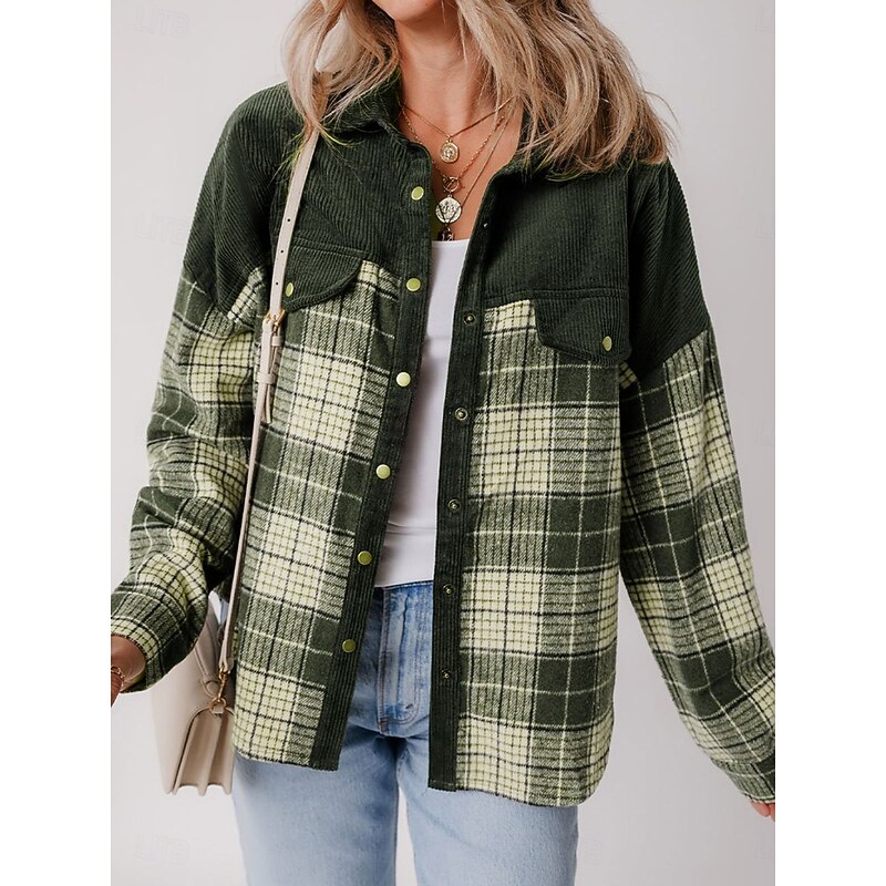 Women's Shirt Jacket Comfortable Patchwork Active Fashion Casual Lattice School Outdoor Vacation Home Buttoned Front Regular Turndown Loose Fit Long Sleeve Outerwear lattice Spring Fall