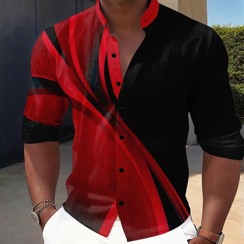 Men's Geometric Gradient Line Shirt Button Up Shirt Stand Collar Shirt Long Sleeve Casual Outdoor Vacation Daily Spring Fall Mandarin Collar Band Collar 3D Print Linen Like Shirt Black Green Blue2