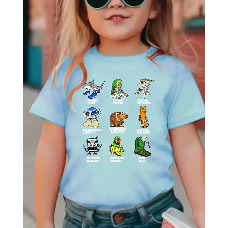 Girls' Funny Italian Brainrot Graphic Tee - Lightweight Stretchy T-Shirt with Lightweight Stretchy Fabric for Ages 4-12 Casual Everyday & Birthday Party Outfit  Children's Summer Shirt Playful Kids A