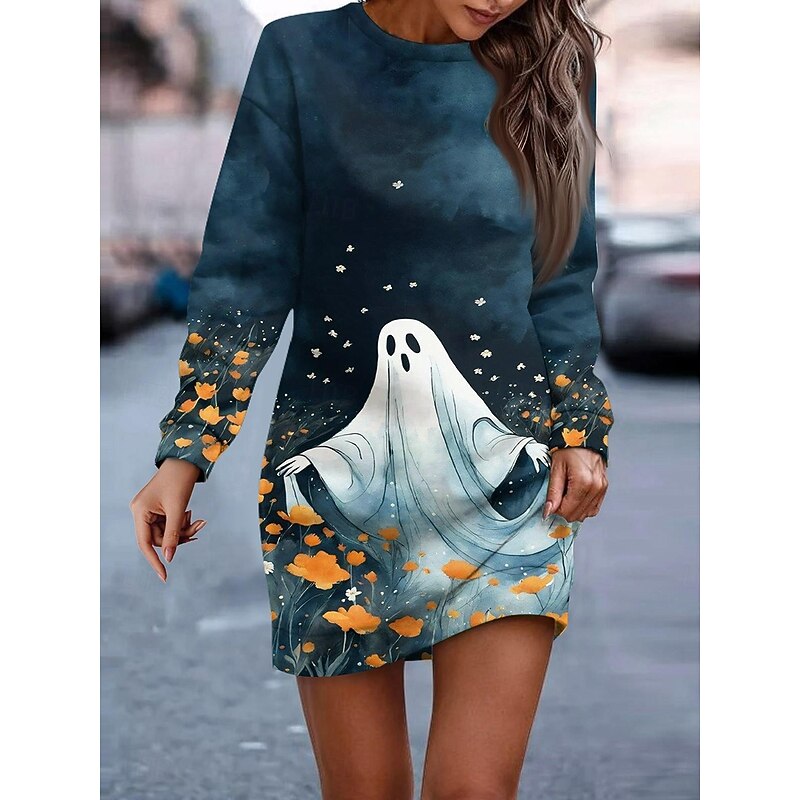 Halloween Women's Castle Print Sweatshirt Dress Mini Dress Shift Dress Casual Weekend Regular Fit Graphic Long Sleeve Crew Neck Black Navy Blue Blue Orange Spring Fall Winter3