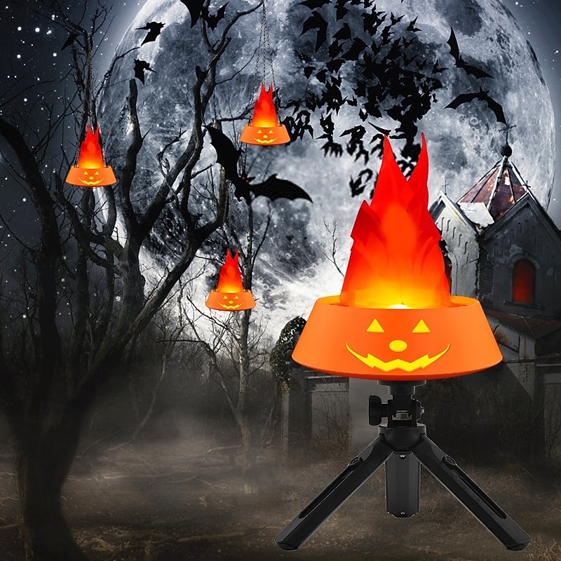 Pumpkin Fake Flame Light 3D Dynamic Fire Effect Flame Light LED Halloween Fire Light for Indoor/Outdoor Suspension or Desktop Decor  Spooky Party Prop & Atmosphere Lighting for Bar Stage Home