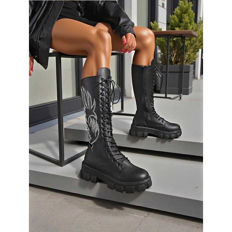 Women's Black Knee-High Lace-Up Combat Boots with Chunky Soles and Unique Embroidered Design, Stylish Urban Fashion Footwear