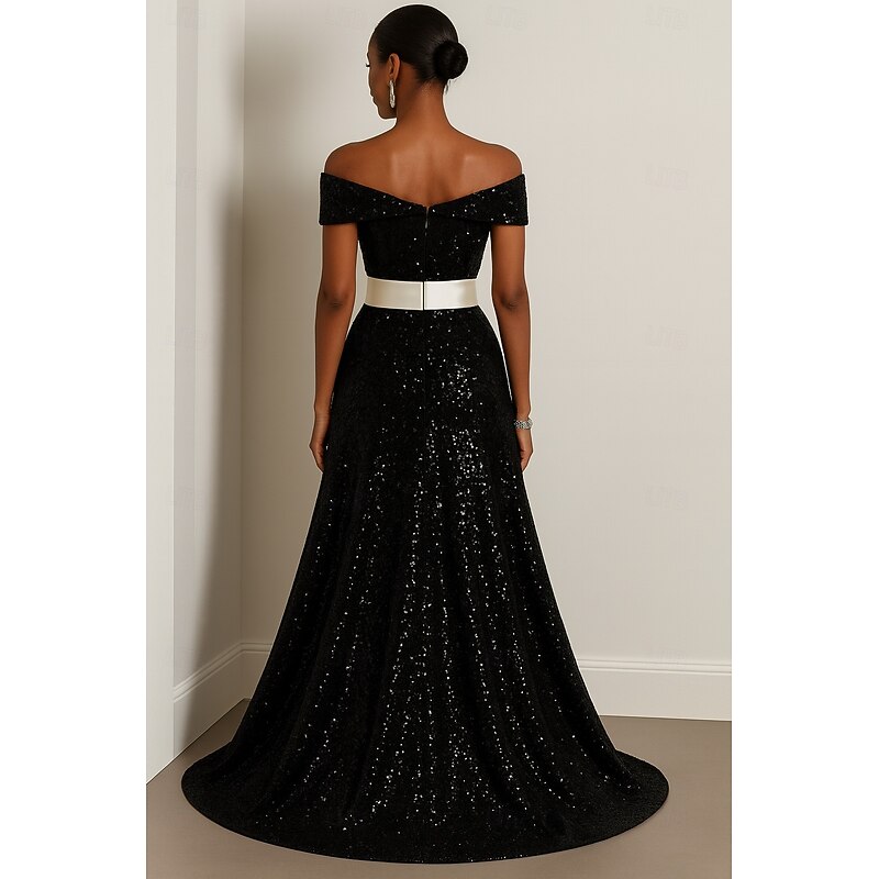Black Red Green A-Line Evening Gown Elegant Dress Formal Wedding Floor Length Short Sleeve Off Shoulder Sequined with Glitter Pleats 20252