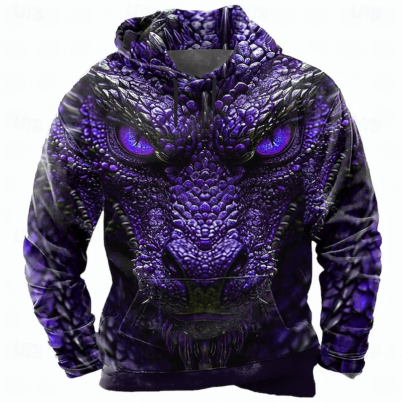 Men's Dragon 3D Hoodie Sweatshirt Cool Party Crew Neck Club Streetwear Blue Purple Drawstring Fall Winter Designer3