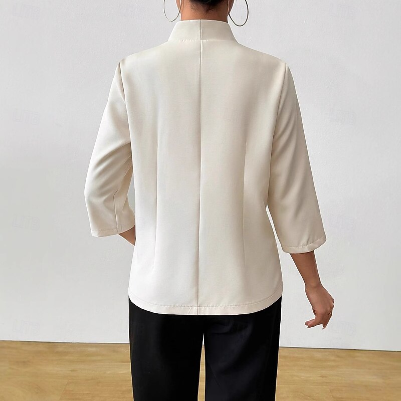 Women's Blazer Comfortable Buttons Elegant Vintage Fashion Daily Solid Color Formal Vacation Office Work Buttoned Front Regular V Neck Regular Fit 3/4 Length Sleeve Outerwear milky Spring Fall3