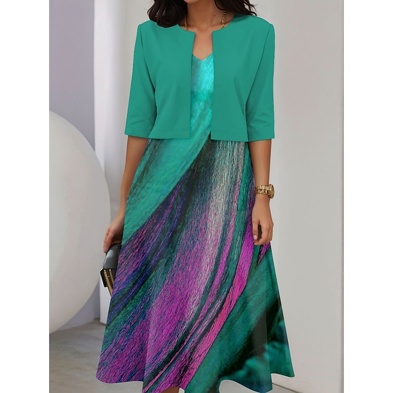 Women's Dress Set A Line Dress Midi Dress Elegant Casual Graphic Abstract Patchwork Print Midi Dress Half Sleeve V Neck Vacation Date Red Blue Purple Summer Spring Regular Fit