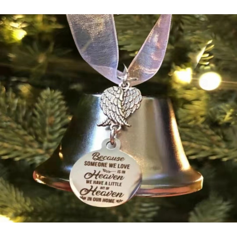Memorial Ornaments Angel Wings Bell Decorative Hanging Wind Chime With Ribbon Festive Bell Ornament Christmas Tree Hanging Decoration Remembrance Keepsake Holiday Home Gift3