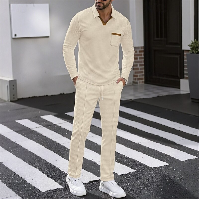 Men's Waffle Polo Shirts Golf Shirt Work Casual Lapel Long Sleeve Basic Modern Color Block Buttons Spring Fall Regular Fit Black Royal Blue Khaki Gray Waffle Polo Shirts2