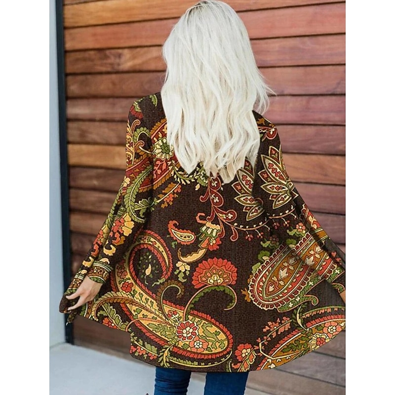 Women's Casual Jacket Warm Comfortable Irregular Hem Open Front Elegant Vintage Fashion Modern Floral Street Casual Athleisure Daily Long Collarless Regular Fit Long Sleeve Outerwear Black Brown