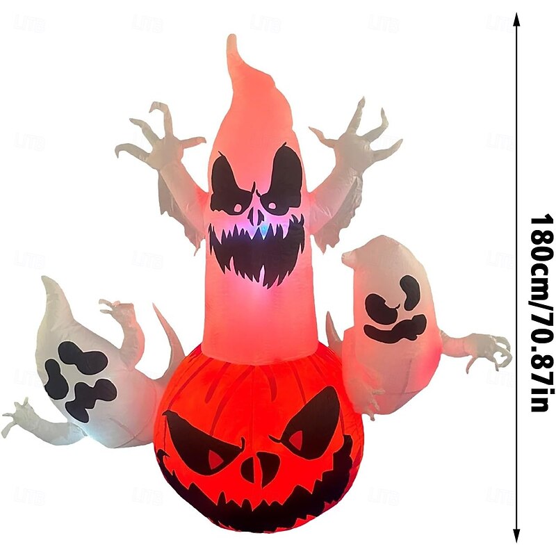 1 Pc Halloween 1.8M/5.91Inch3 Head Ghost Pumpkin with Lamp Inflatable Air Model Indoor and Outdoor Courtyard Garden Lawn Party Festival Atmosphere Decorative Lamp US/EU/UK/AU Plug2