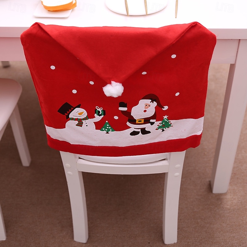 Christmas Chair Covers Set, Non-Woven Santa Claus & Snowman Chair Back Covers, Holiday Dining Chair Decorations, Santa Hat Chair Slipcovers3