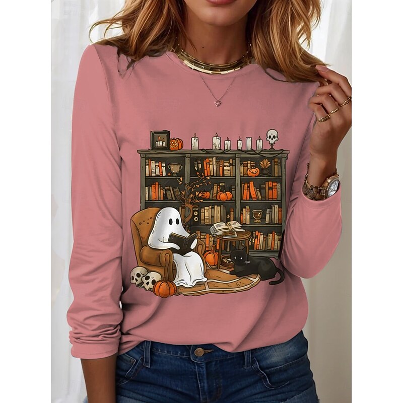Halloween Women's T shirt Ghost Graphic Letter Vintage Fashion Stylish Long Sleeve Crew Neck Round Neck Regular Tops Daily Weekend Print Black White Pink Blue Purple Spring Fall Winter4