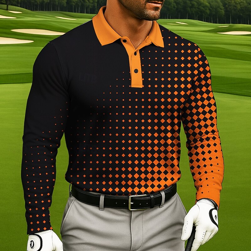 Men's Geometic Golf Polo Long Sleeve Polo Shirts Lapel Casual Athleisure Daily Wear 3D Print Buttons Spring Fall Winter Yellow Orange Green3