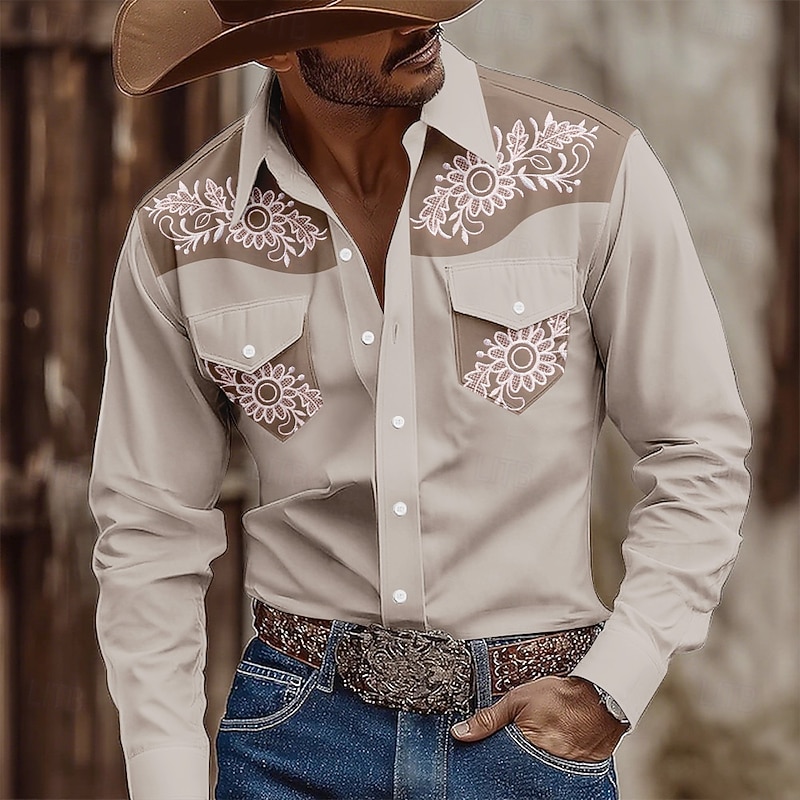 Men's Floral Print Ethnic Flowers Shirt Western Shirt Cowboy Shirt Long Sleeve Vintage Retro Outdoor Casual WorkWear Summer Spring Fall Turndown Front Two Pockets Button Up Shirts Light Pink Brown