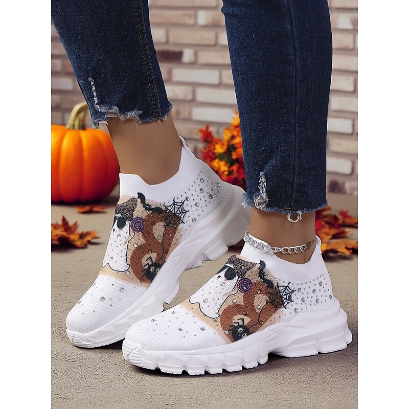 Women's Flyknit Slip-On Sneakers with Ghost and Pumpkin Floral Print – Lightweight Casual Shoes for Halloween & Autumn Outdoor Events