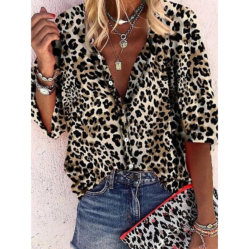 Women's Bohemia Vintage V Neck 3/4 Length Sleeve Floral Graphic Leopard Daily Regular Tops Daily Holiday Beach Wear Print Black Spring Fall Spring, Fall, Winter, Summer