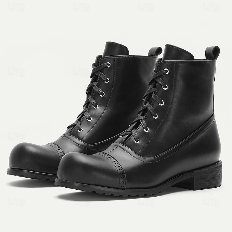 Men's Black Lace-Up Combat Boots Genuine Leather Rugged Military Style Casual Fashion Shoes for Outdoor and Halloween Costume2