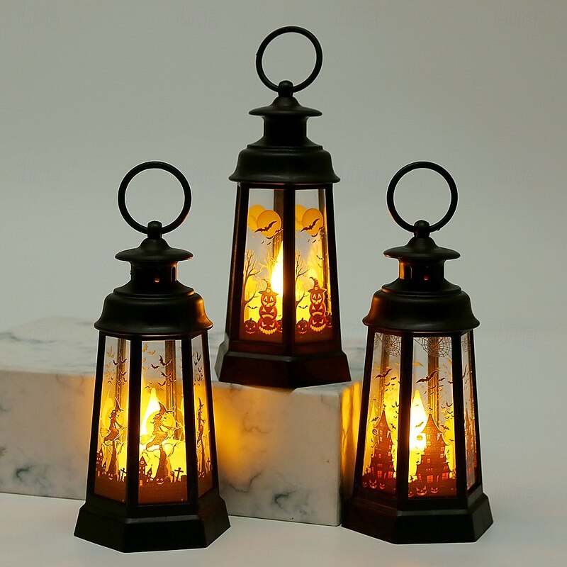 1 Pc 14.5CM Halloween Decorative LED Wind Light Desktop Ornament Retro Hexagonal LED Wind Light Party Decoration Prop Pendant