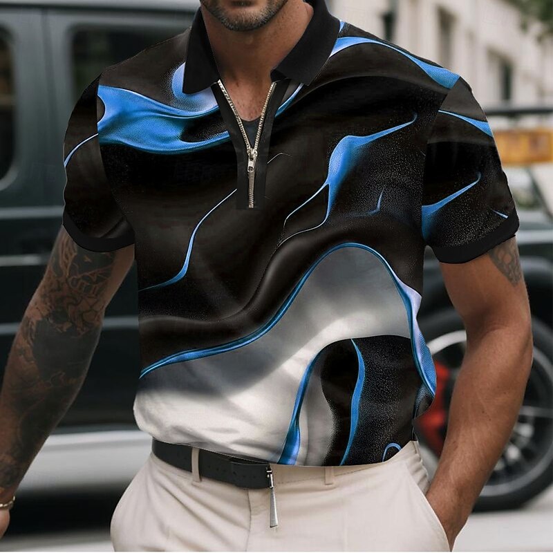Men's Geometic Line Zip Polo Shirts Short Sleeve Polo Shirts Collared Shirts Casual Athleisure Daily Wear 3D Print Summer Yellow Blue Orange2