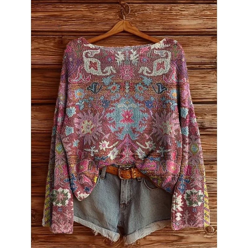 Women's Sweater Casual Soft Floral Vintage Ethnic Long Sleeve Crew Neck Regular Tops Daily Holiday Print Wine Red Purple Fuchsia Spring Fall Winter3