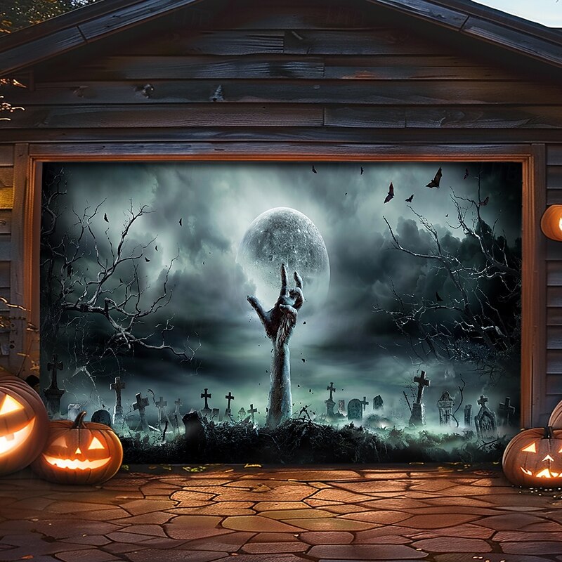 Halloween Garage Door Cover Large Hanging Backdrop Zombies 3D Dark Punk Gothic Style Party Outdoor Shooting Backgrounds Front Door Home Decor