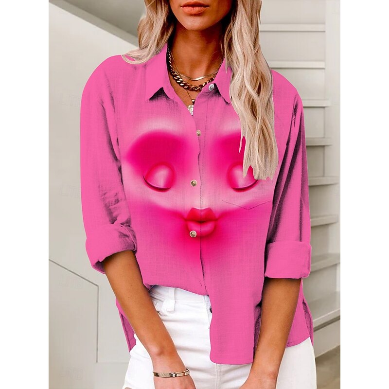 Women's Cartoon Funny Smile Face Shirt Long Sleeve Shirt Collar Regular Tops Daily Holiday Buttons Print Black And White Black Yellow Pink Red Summer Spring Fall2