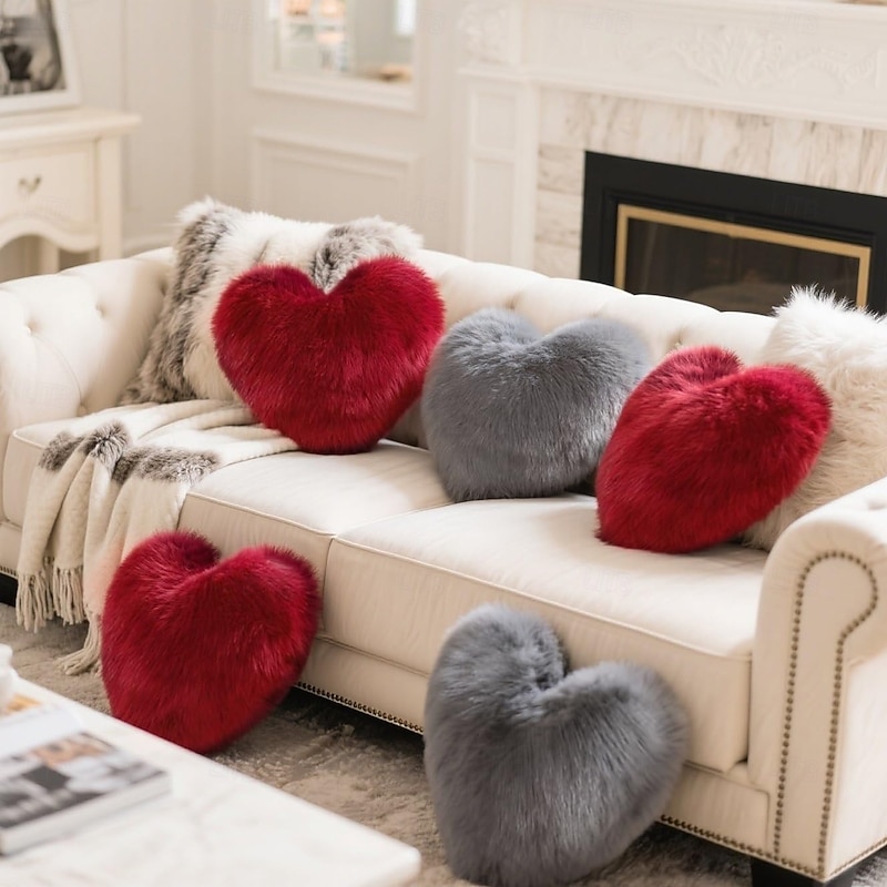 Wine red and Gray Heart-Shaped Pillow, Faux Fox Fur Heart Decorative Cushion for Bed, Soft Fluffy Throw Pillow for Chair, Sofa, Living Room - Plush Accent Pillow for Home Decor4