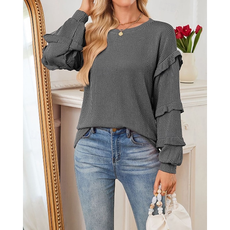 Women's Blouse Striped Modern Casual Long Sleeve Lantern Sleeve Crew Neck Regular Tops Daily Holiday Ruched Black Fall