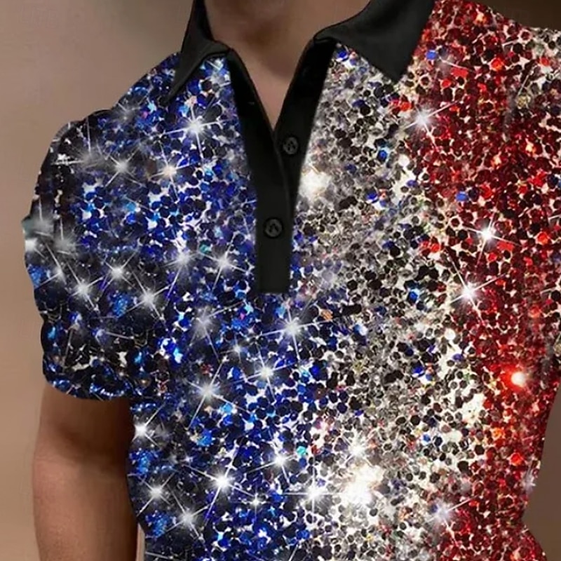 Men's Sequin Abstract Polo Short Sleeve Polo Shirts Lapel Casual Athleisure 3D Print Buttons Summer Blue2