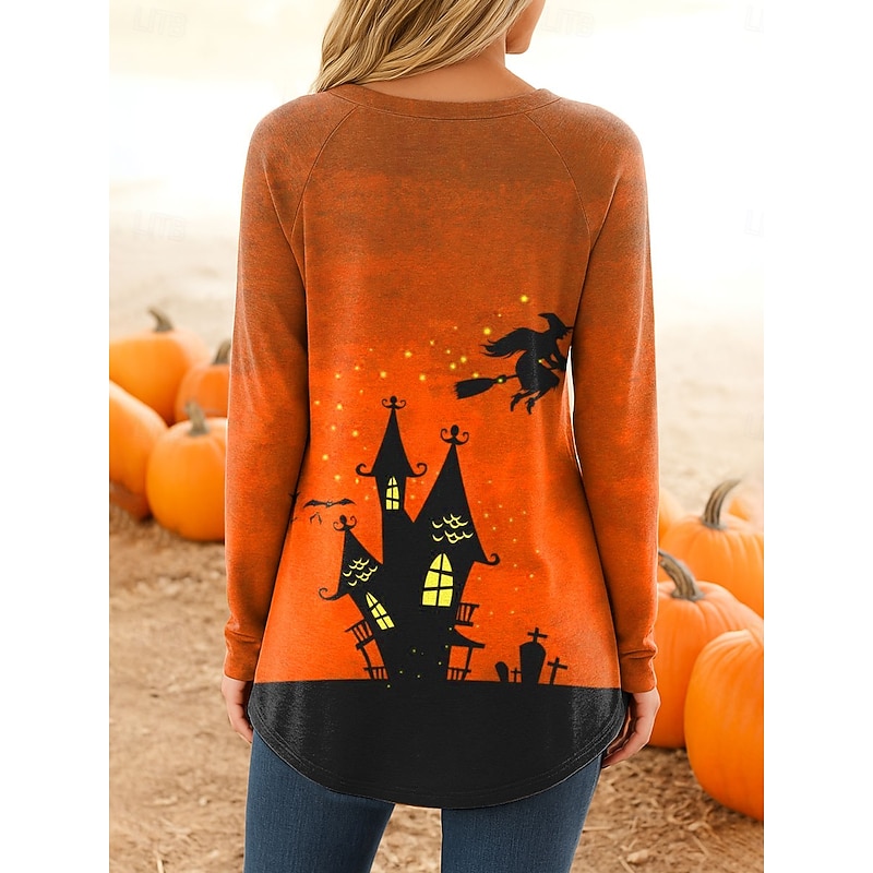 Halloween Women's T shirt Witch Graphic Vintage Stylish Classic Long Sleeve Crew Neck Long Tops Daily Print Pink Blue Orange Green Gray Spring Fall2