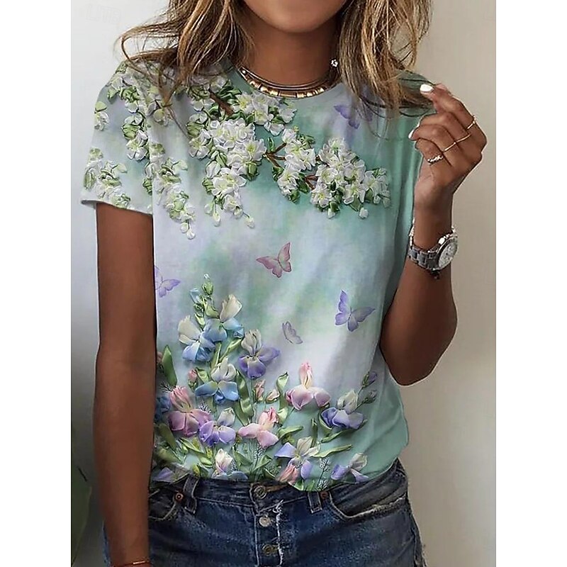 Women's T Shirt Floral Graphic Plants Vintage Stylish Classic Short Sleeve Crew Neck Round Neck Regular Tops Daily Print Black Blue Orange Summer Spring2