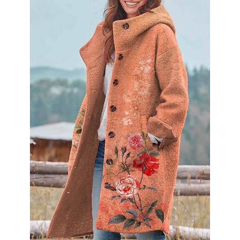 Women's Winter Jacket Fleece Jacket Coat Warm Breathable Pocket Buttons Print Active Daily Casual Floral Vacation Street Daily Single Breasted Long Hoodie Regular Fit Long Sleeve Outerwear Yellow3