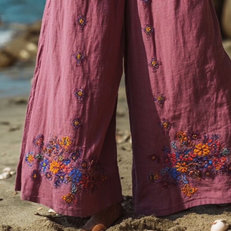 Women's Wide Leg Pants Trousers Palazzo Pants Fashion Boho Full Length High Waist Flower Drawstring Elastic Waist Print Breathability Comfortable Street Daily Wear Going out Rose Red Spring Fall3