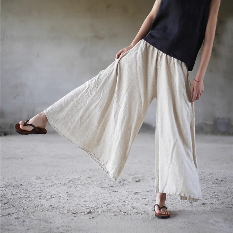 Women's  Linen Viscose Culottes Wide Leg Vacation Vintage Ethnic Style Full Length Mid Waist Solid Color Comfy Breathability Soft Micro-elastic Vacation Home Casual Beige Summer Spring Fall Oversized3