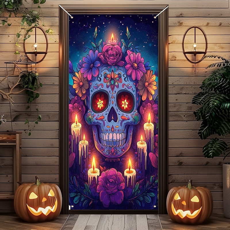 Day of the Dead Banners Door Cover Outdoor Banners Skeleton Marigold Psychedelic Dark Punk Gothic Style Party Outdoor Shooting Backgrounds Front Door Wall Porch Home Decor4