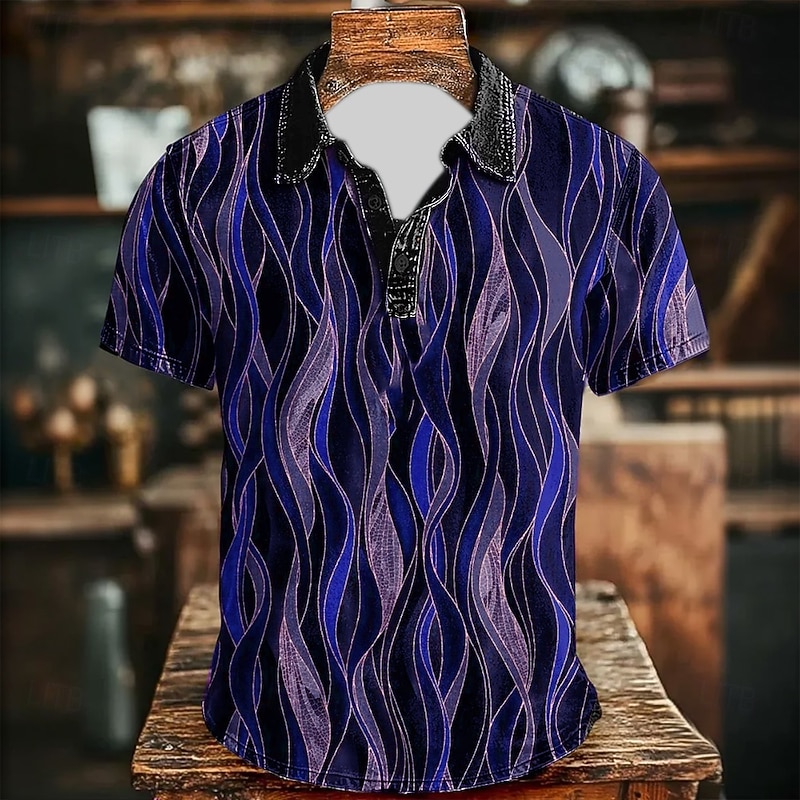 Men's Line Polo Short Sleeve Polo Shirts Collared Shirts Casual Athleisure Daily Wear 3D Print Buttons Summer Blue Purple Gray3